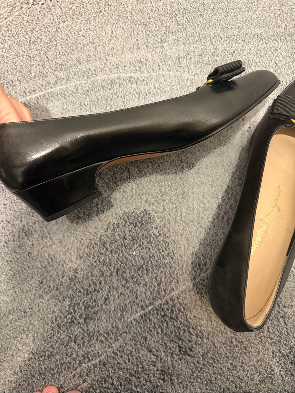 Salvatore Ferragamo Black Leather Vara Ribbon Flats with Gold Plaque - Picture 2 of 5